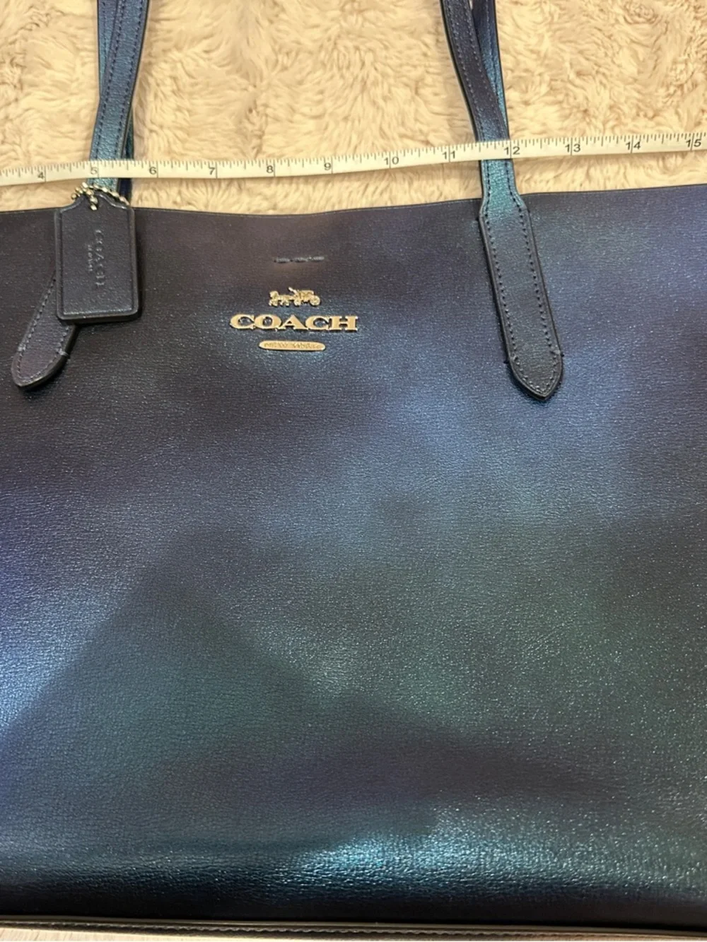 Coach Shimmery Holographic Peacock Blue Tote, Like New - Picture 3 of 8